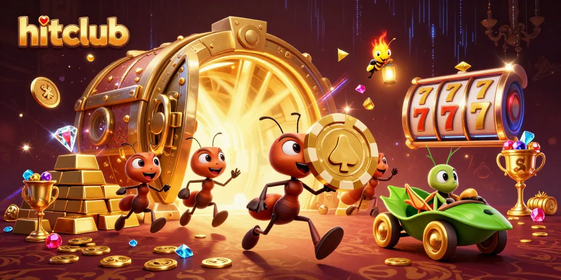 Hitclub ants heist scene with giant poker chip and dazzling casino treasures