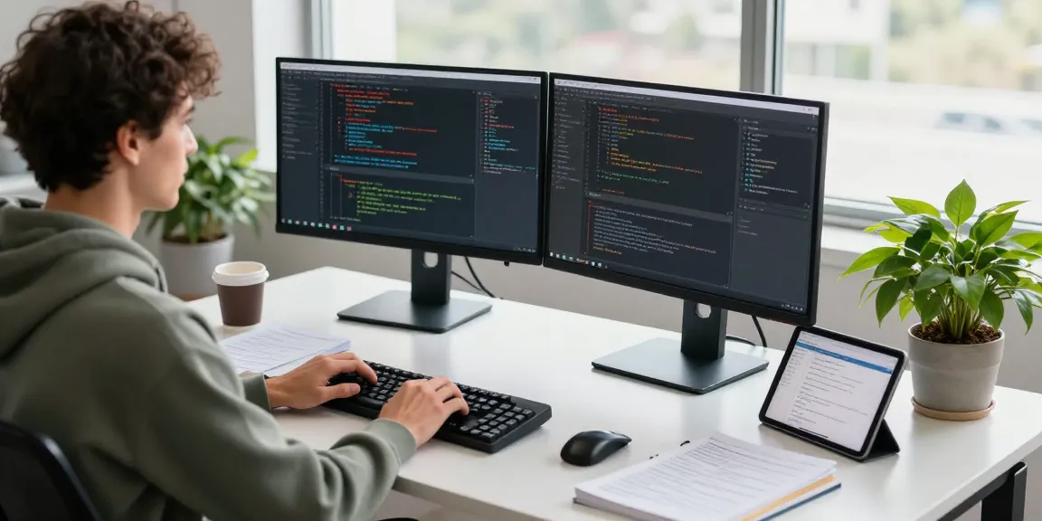 Developer coding in a modern office setting showcasing 24/7 Clones with dual monitors and tech tools.