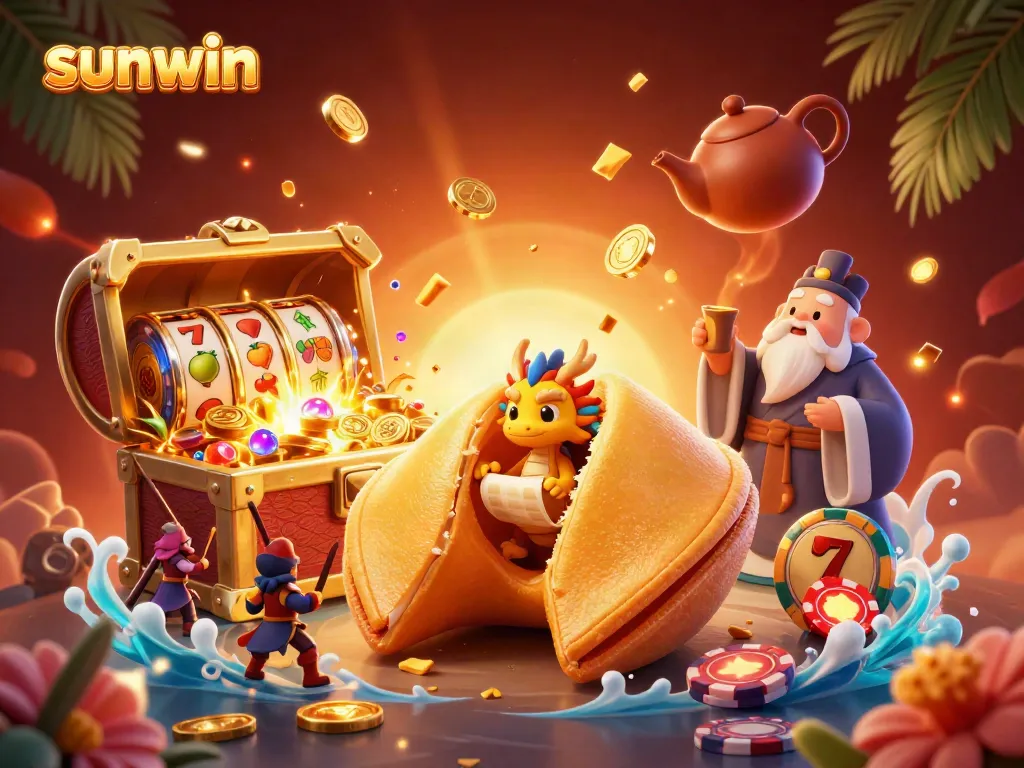 Experience the excitement of sunwin with a vibrant casino-themed 3D illustration showing fortune symbols and dynamic game elements.