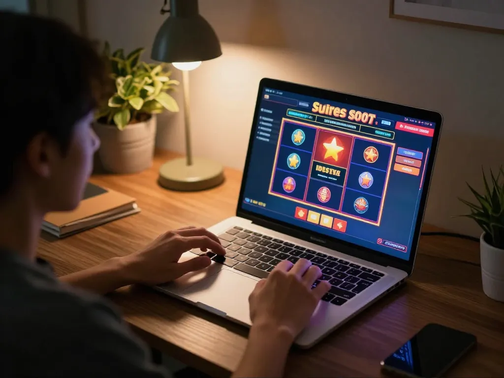 Engaging in situs slot gameplay on a laptop, showcasing vibrant interface and warm atmosphere.