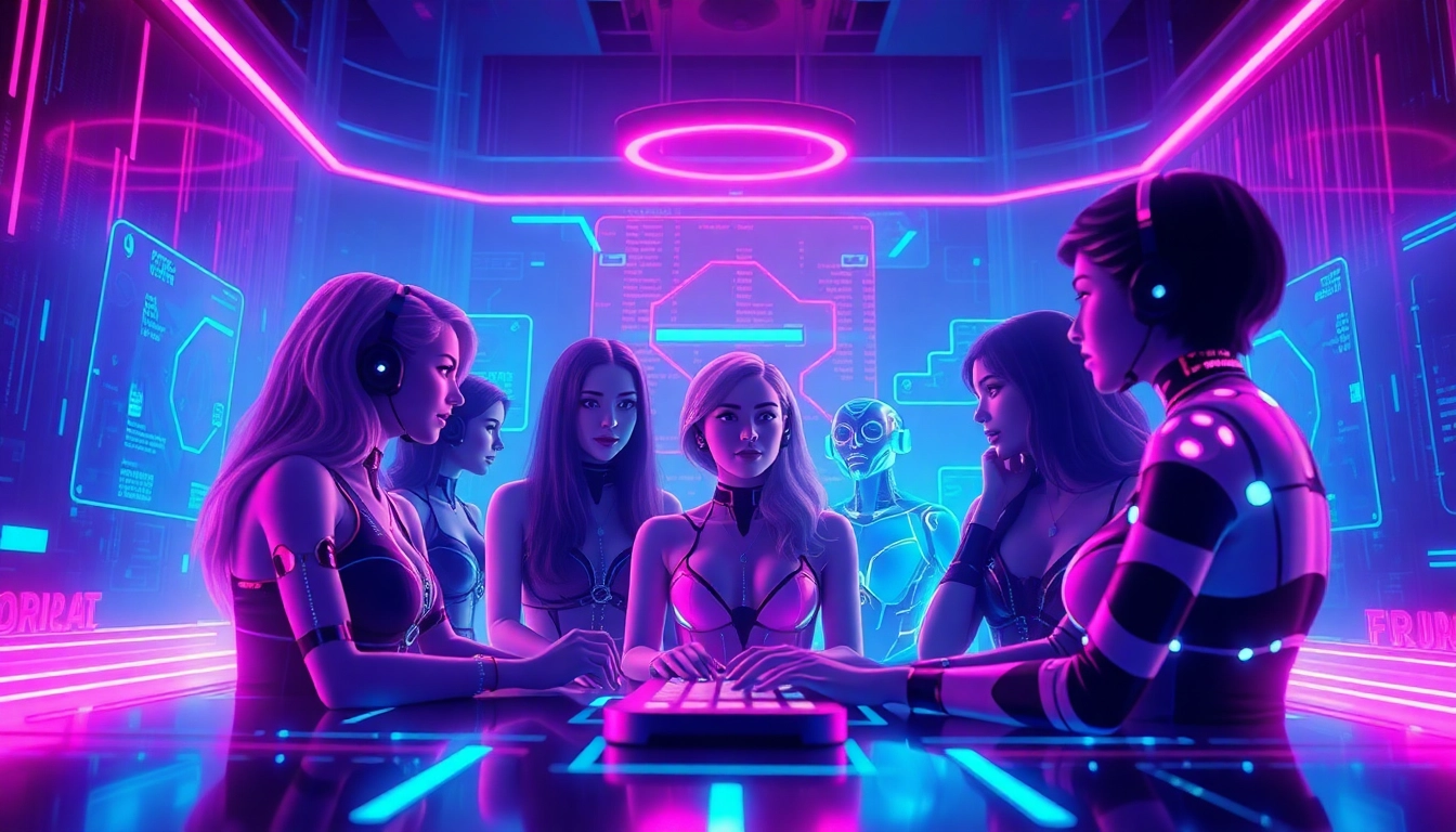 AI porn chat avatars in a vibrant digital landscape, showcasing diverse personalities and interaction.