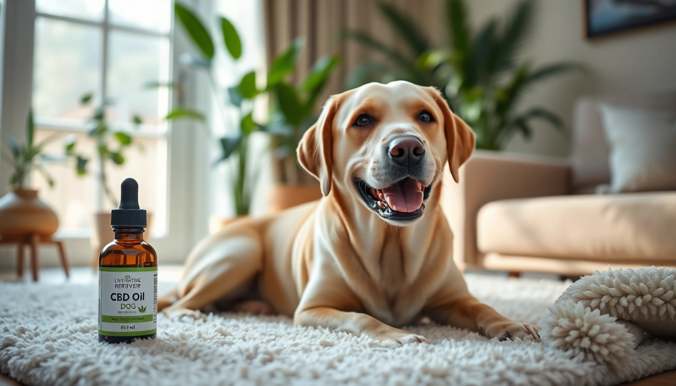 Relaxed dog near CBD Oil For Dog bottle reflecting a peaceful home environment.