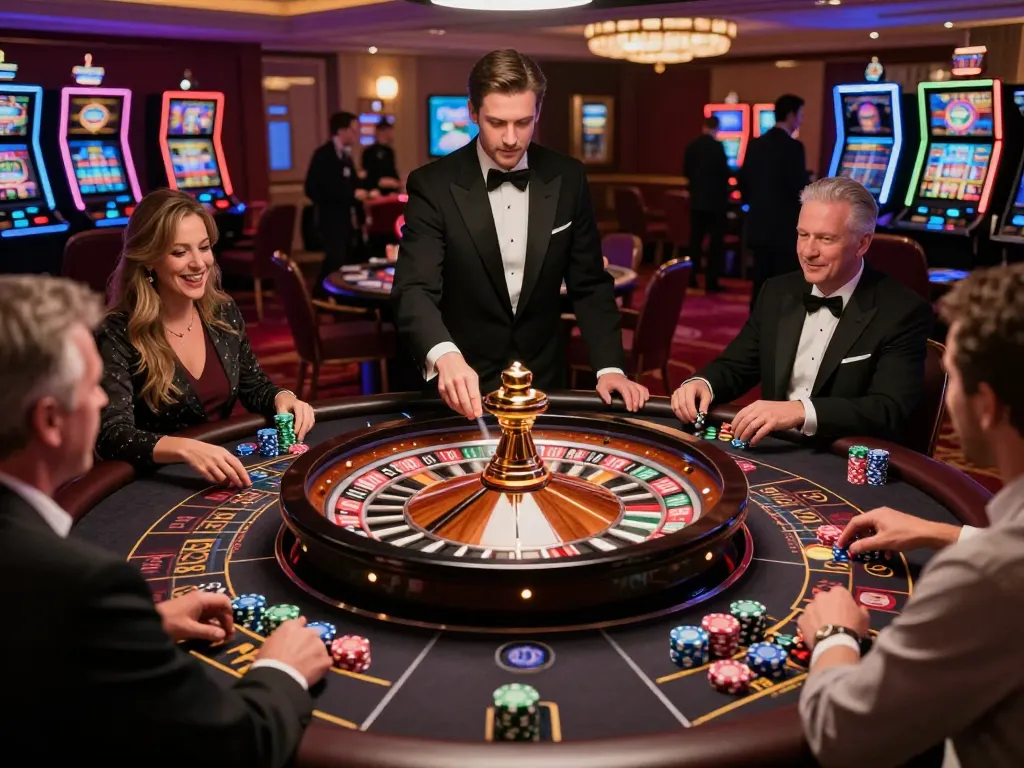 Players placing vibrant bets on the roulette table at a luxurious casino, exploring s8.com games.