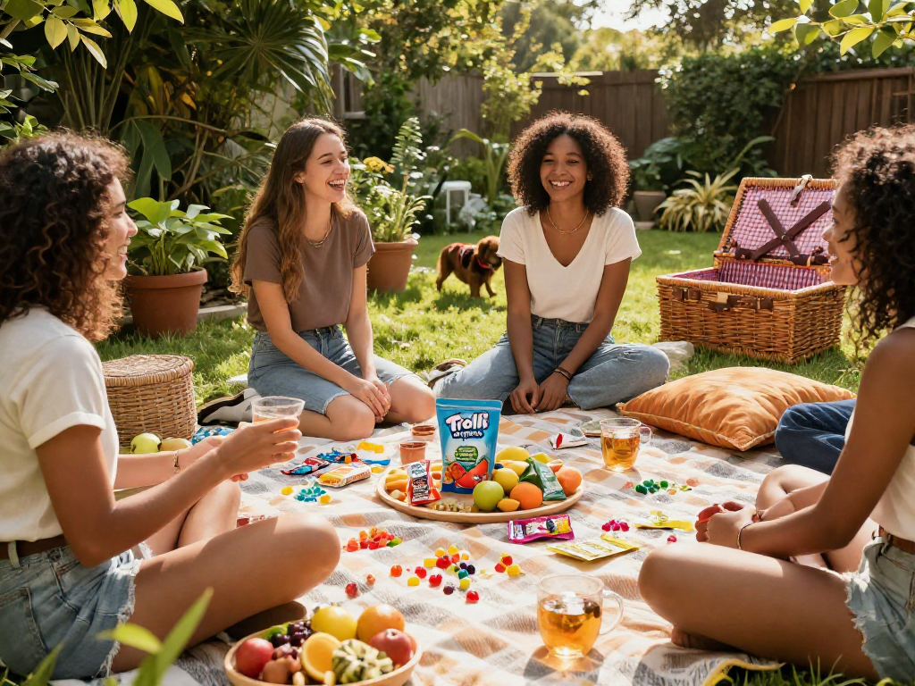 Trolli originals THC infused gummies at a joyful outdoor wellness picnic with friends, showcasing organic, flavorful cannabis edibles in a natural setting.