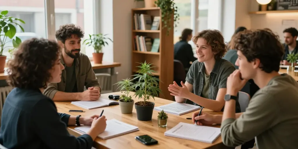 Cannabis Osnabrück social club gathering with members discussing cannabis education.