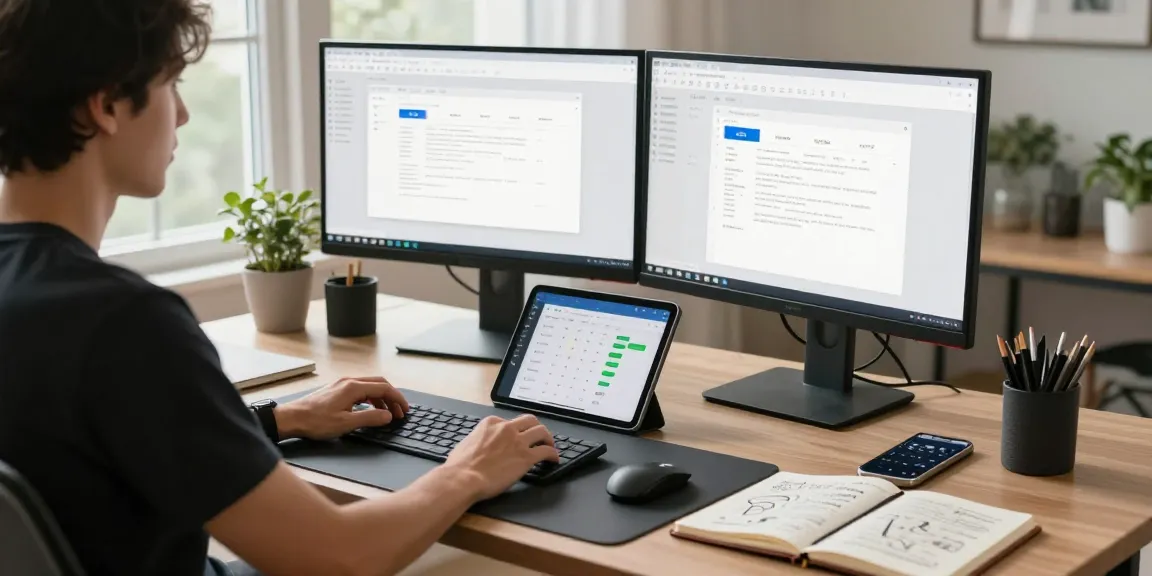 Download WPS Office while enjoying a productive home office setup with dual monitors and vibrant decor.