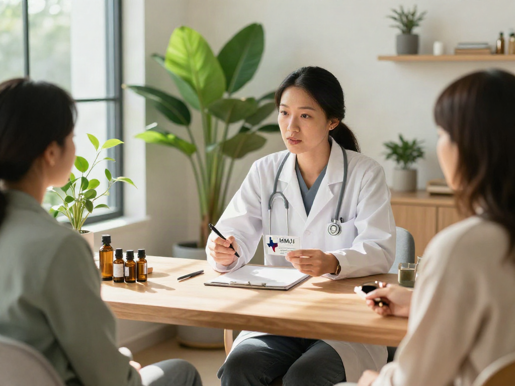 Texas MMJ card consultation in a serene wellness space with a healthcare professional.