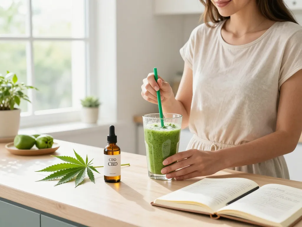 Preparazione dell'olio di CBD thcpuff thc usa e getta in una cucina luminosa con canapa e ingredienti salutari, che mostra un percorso di benessere naturale.
