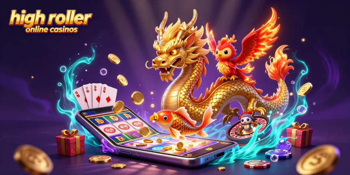 Experience high roller online casinos featuring epic dragon and phoenix amidst casino elements.