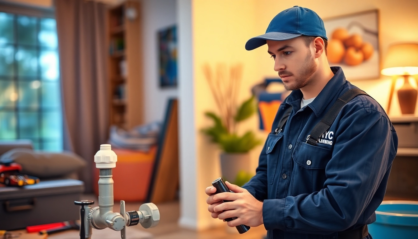 NYC emergency plumber & sewer fixing a burst pipe with professionalism and urgency in a residential setting.