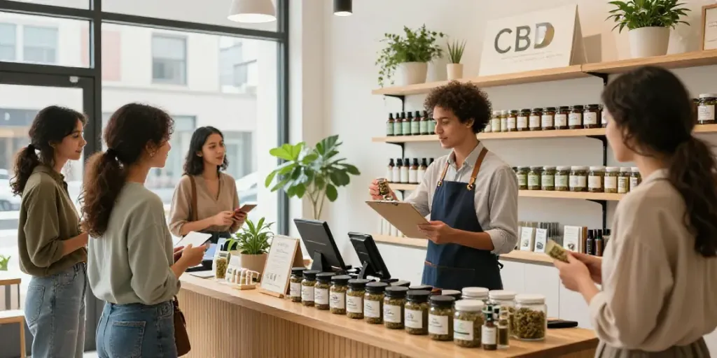 Shoppers exploring premium CBD flower products at a vibrant CBD shop.