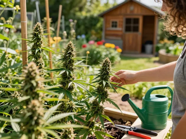 Beautiful cannabis garden with healthy CBD cannabis seeds, sunlight filtering through plants, gardener inspecting.