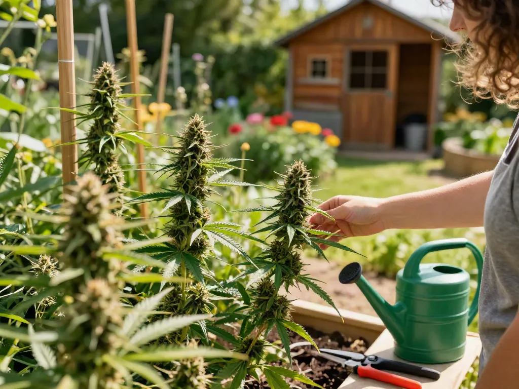 Beautiful cannabis garden with healthy CBD cannabis seeds, sunlight filtering through plants, gardener inspecting.