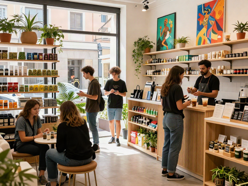 Exploring Madrid Weed online options in a vibrant urban cannabis shop.