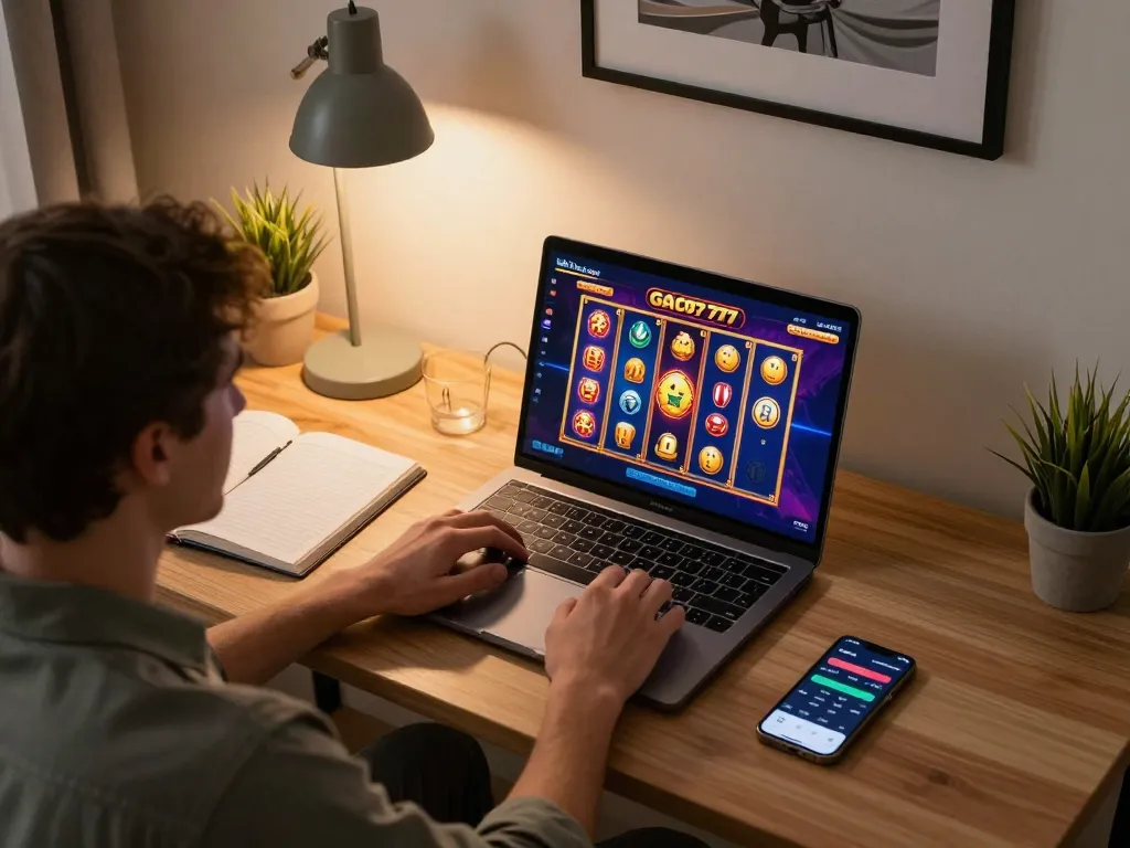Engaged player exploring slot gacor 777 games on laptop in cozy home office