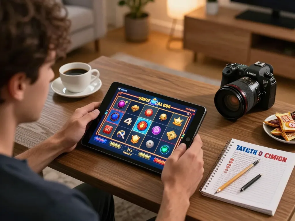 Player enjoying slot depo 10 games on tablet in a cozy home, showcasing strategic gameplay