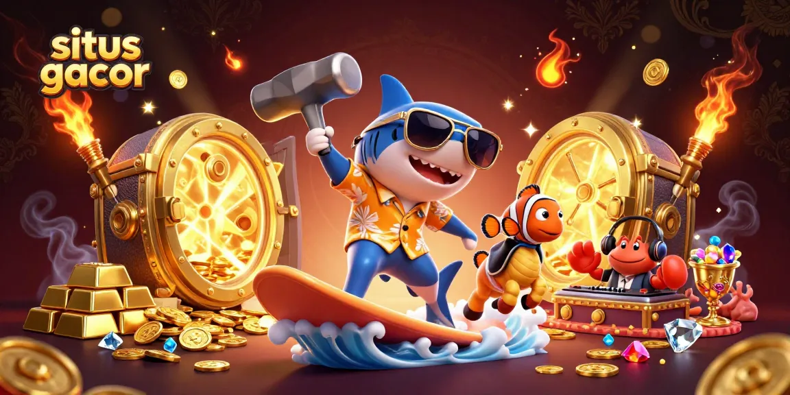 Experience situs gacor excitement with a shark and clownfish among gold and jewels in a vibrant 3D scene.