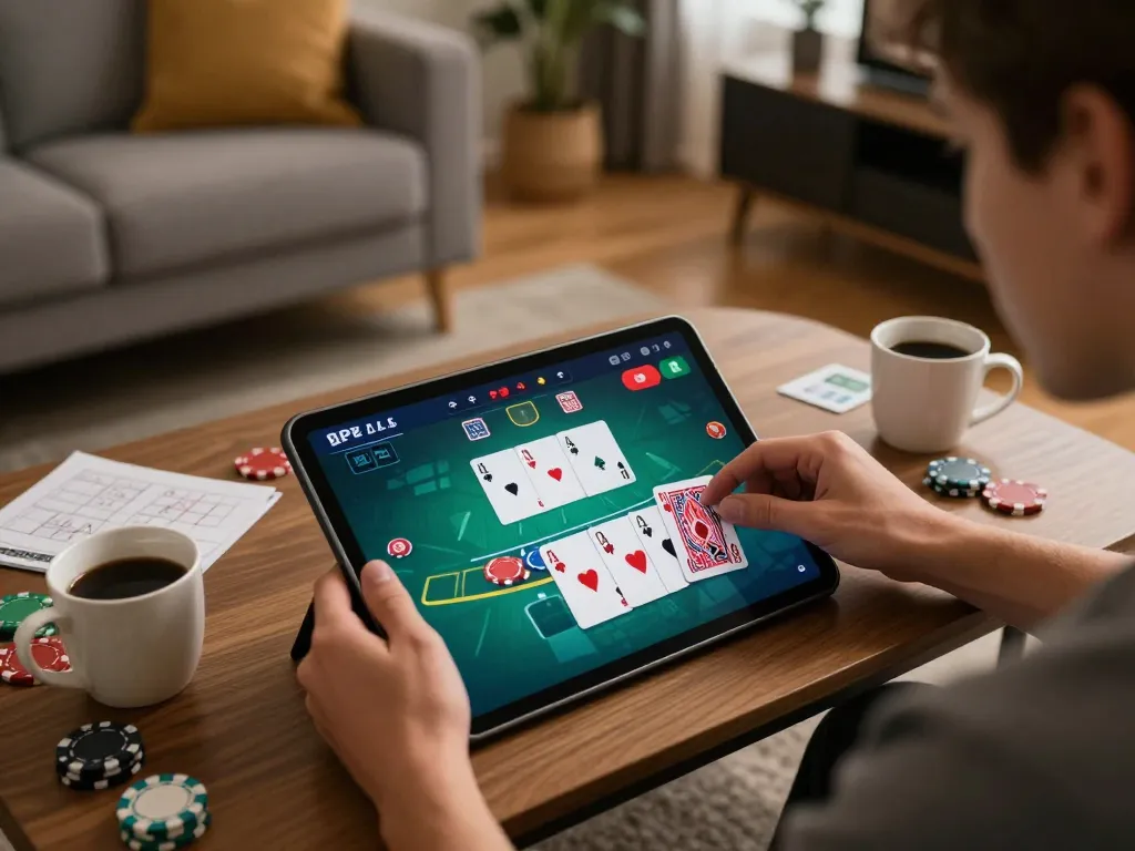 Player using GG88 app on tablet for live blackjack in cozy home setting