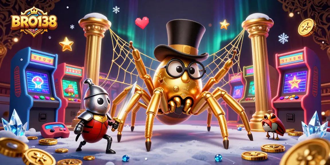 Engage with BRO138 as the golden tarantula weaves a web of luck in a vibrant casino scene.