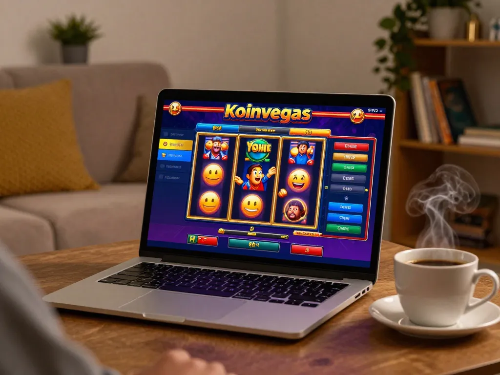 Engaging in koinvegas slot gameplay on a laptop at home, showcasing vibrant graphics and joyful player.