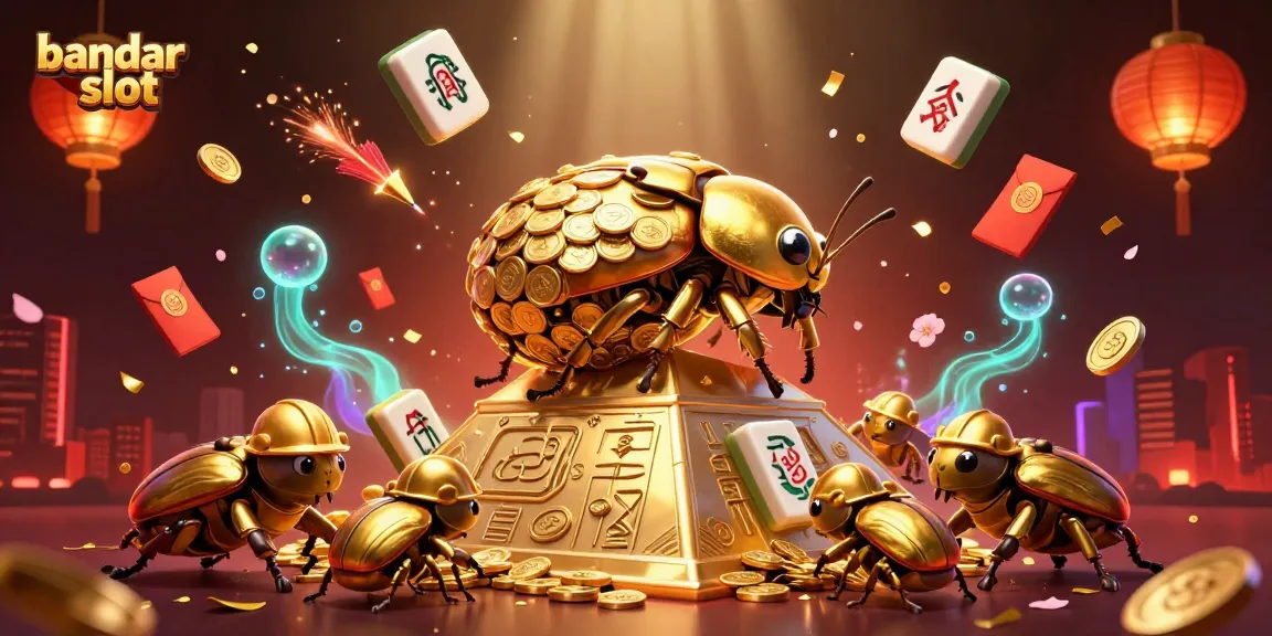 Experience thrilling action at bandar slot with golden beetles and casino elements in this dynamic illustration.