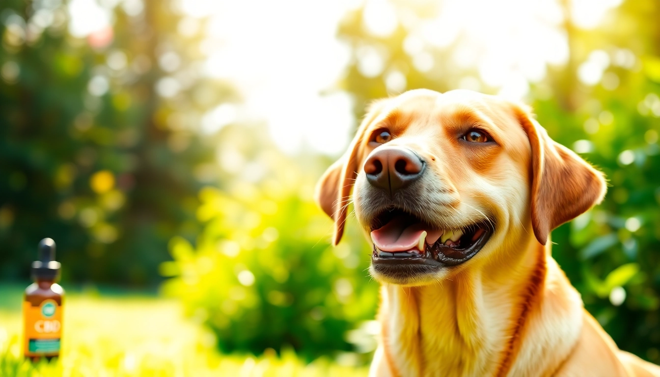 CBD For Pet Labrador retriever enjoying CBD treats in a serene outdoor setting, highlighting health benefits.