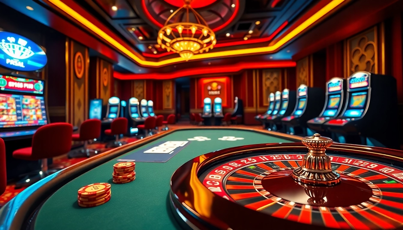 Experience the excitement of gaming at Trang Chủ XX88 with vibrant casino tables and roulette wheels.