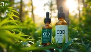Highlight pure CBD Oil bottle surrounded by lush green hemp leaves for tranquility.