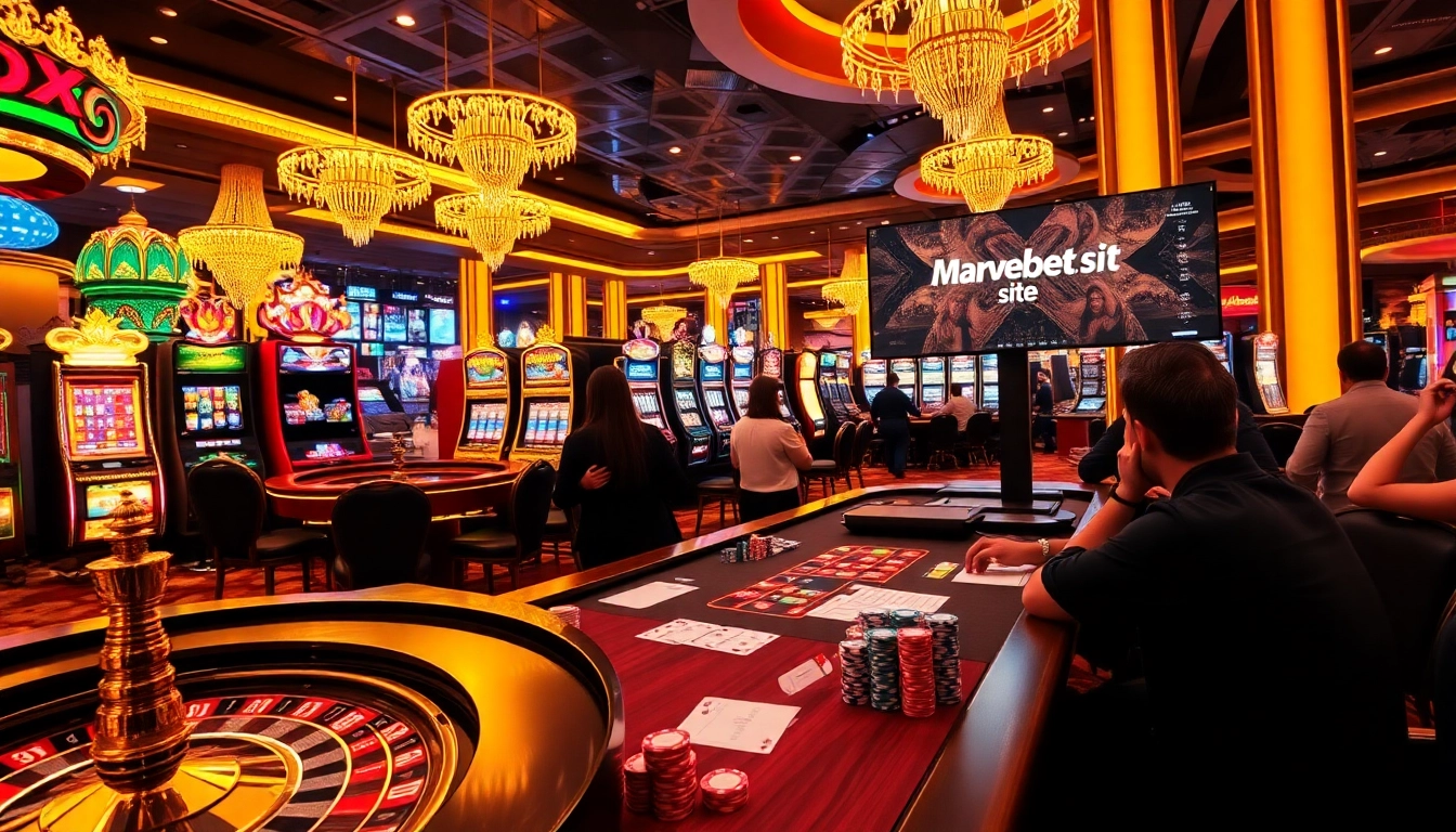 A dynamic casino scene showcasing gamers at Marvelbet.site engaging with vibrant slot machines and roulette wheels.