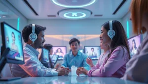 Intimate engagement in an AI porn chat room with diverse virtual characters.