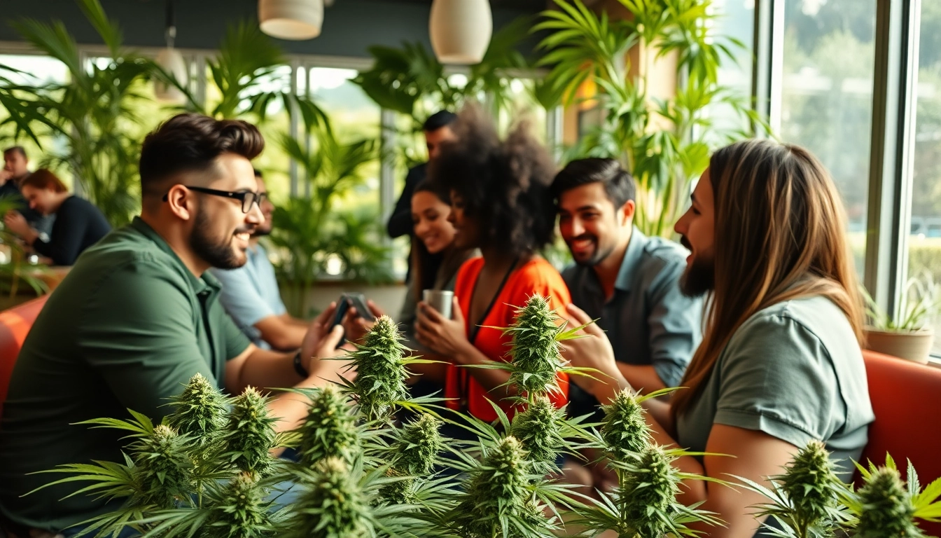 Join a diverse crowd at a weed club madrid, enjoying premium cannabis in a vibrant lounge.