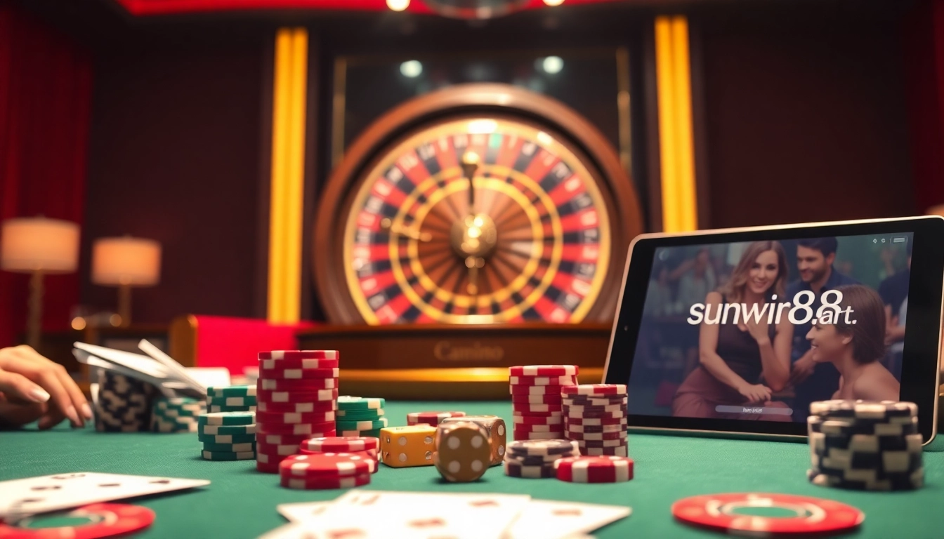 Engaging scene at https://sunwin88.art/ featuring players around a vibrant casino table with poker chips.