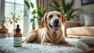 Relaxed dog near CBD Oil For Dog bottle reflecting a peaceful home environment.
