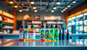 Explore Vape & E-Liquids showcased in a vibrant retail environment with colorful bottles.