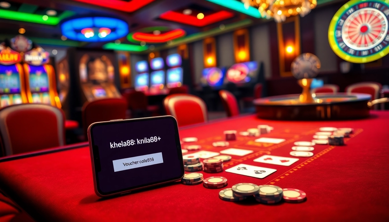 Khela88 voucher code displayed on a smartphone in a luxurious casino setting with roulette and poker elements.