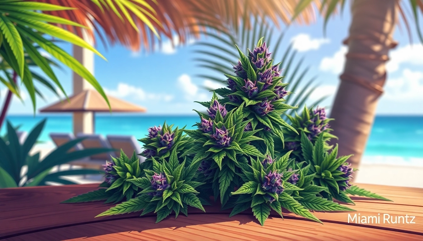 Highlighting the Miami Runtz strain, this picturesque cannabis bud showcases vibrant colors and glistening trichomes.