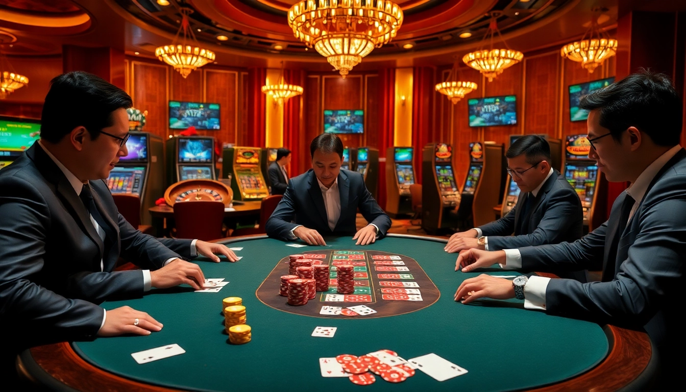 Players enjoy a high-stakes poker game at MM88, highlighted by vibrant poker chips and glamorous decor.