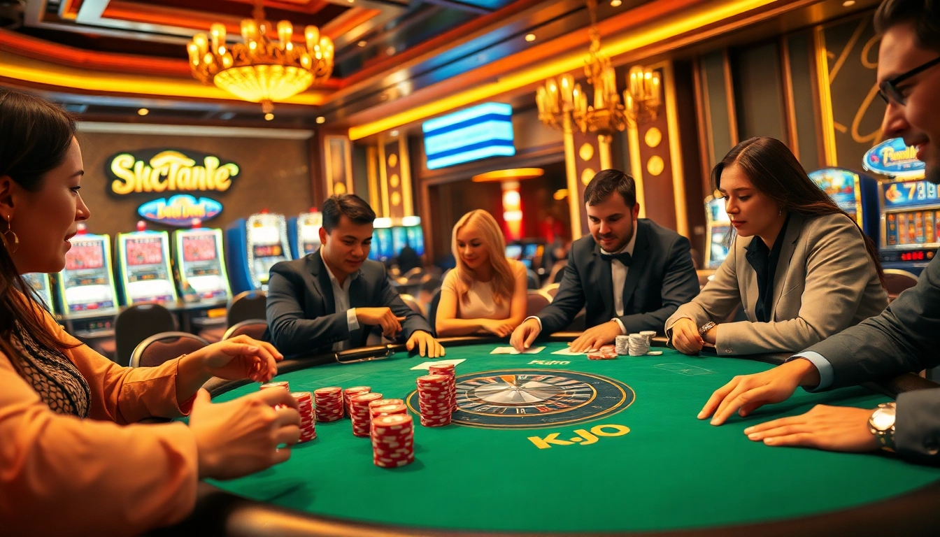 Players celebrate big wins at a KJC-themed poker table in a dynamic casino environment.