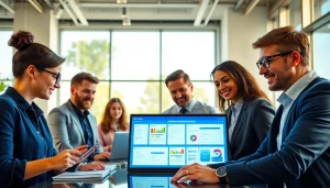 在现代办公室中使用 WPS Office 软件进行协作的专业人士。