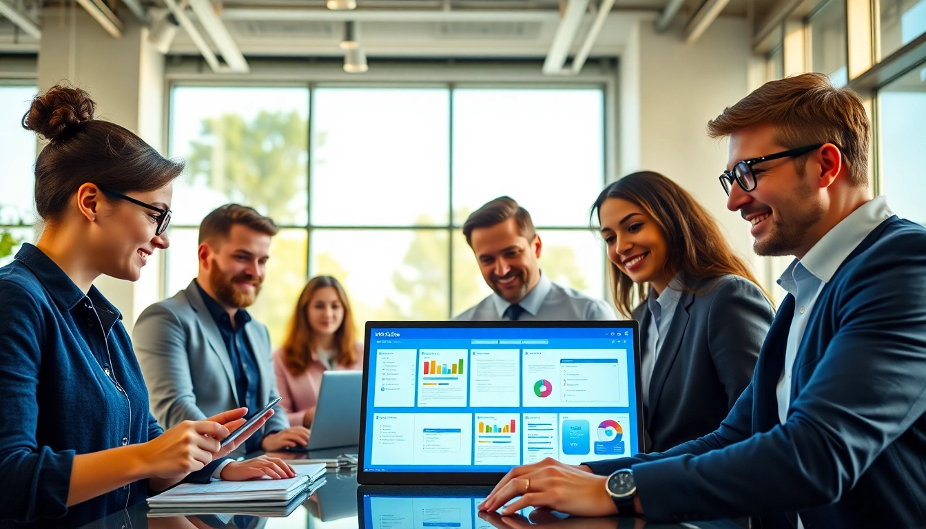 在现代办公室中使用 WPS Office 软件进行协作的专业人士。