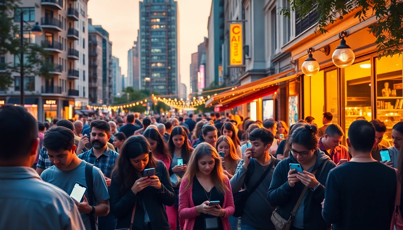 Onlyfans search by city scene depicting locals interacting on social media in an urban café.