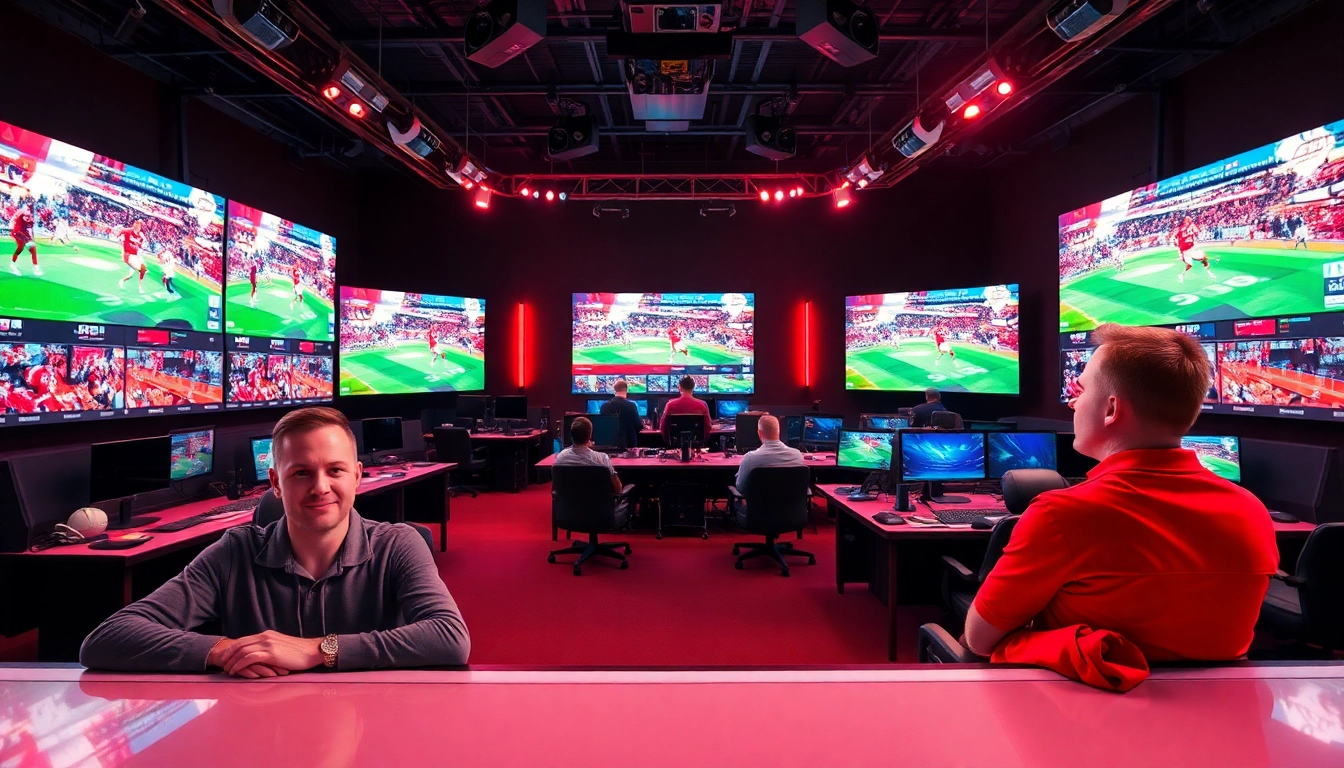 Dynamic sports broadcasting studio showcasing live games and hosts in action.
