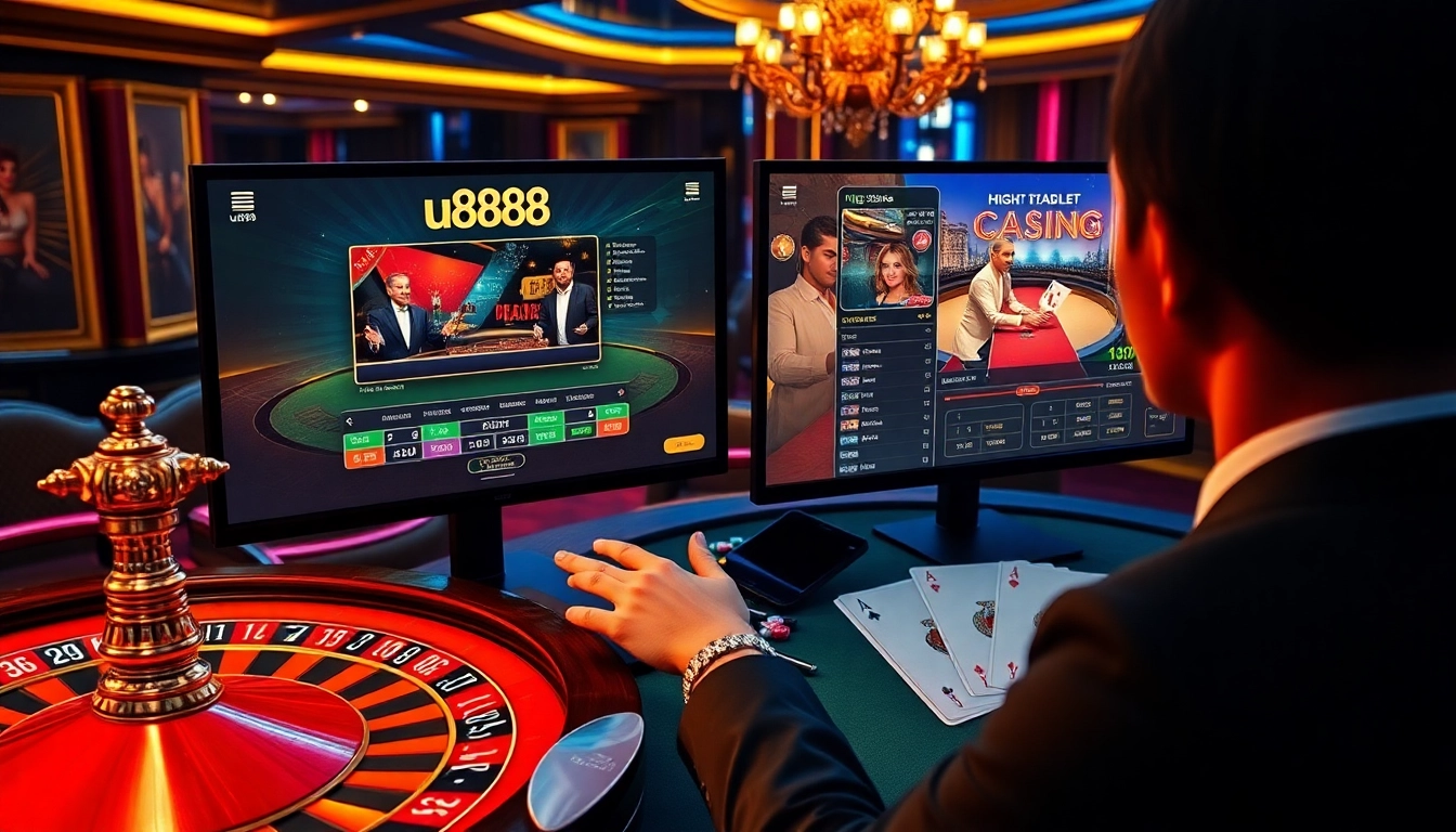 Engaging with u888 online casino featuring vibrant roulette wheel and poker chips.