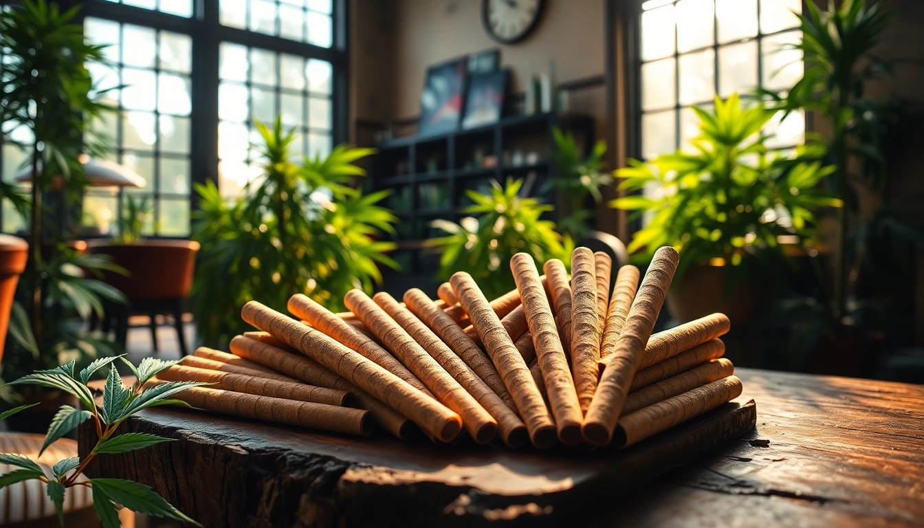 Showcase of pre rolled joints thc in a cozy lounge surrounded by lush greenery, inviting atmosphere.