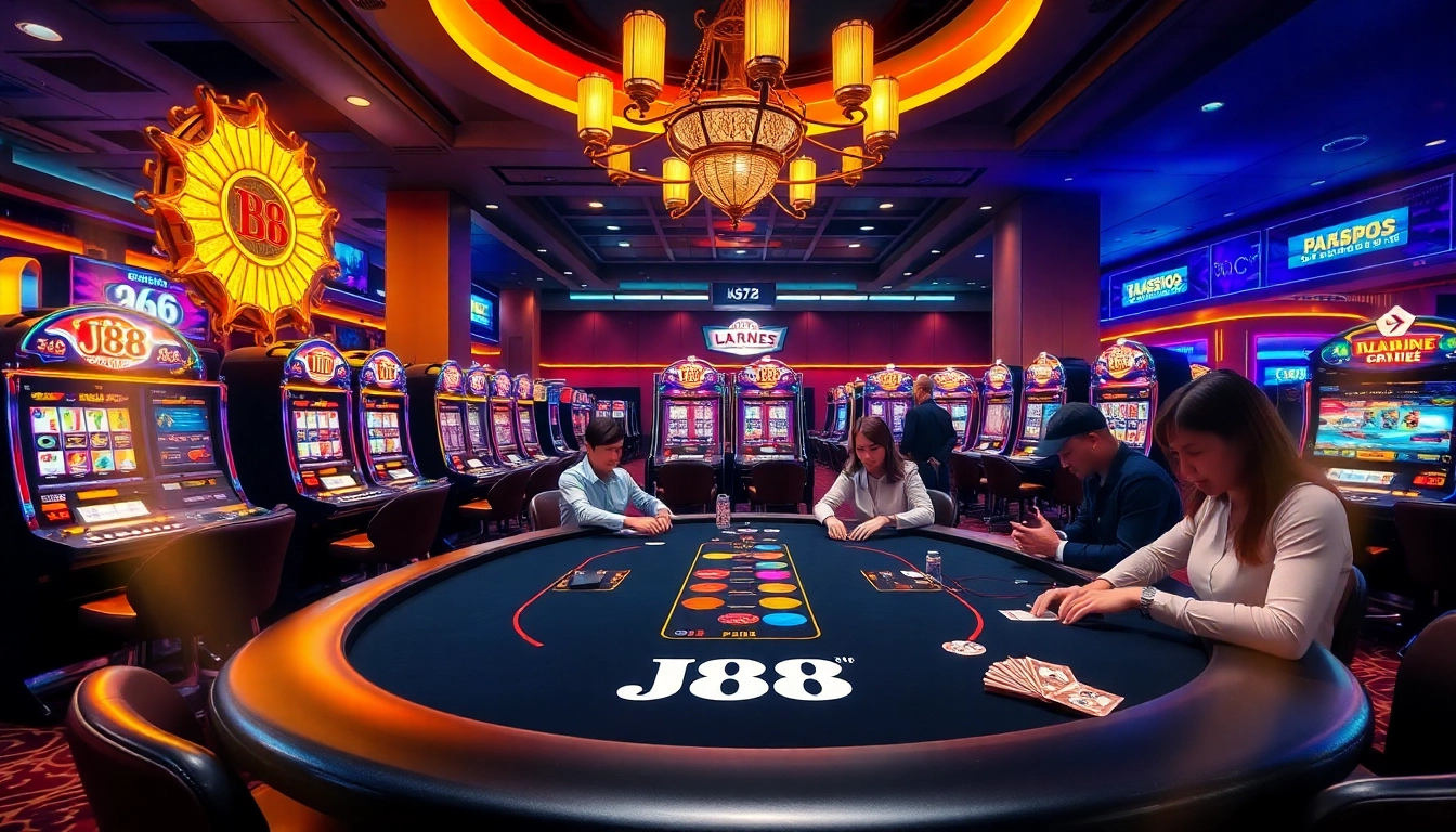 Experience high-stakes gambling at the J88 poker table in a luxurious casino setting.