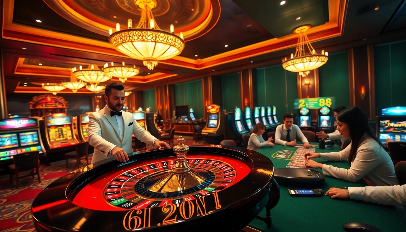 RR88 players engage at a vibrant roulette table in a luxurious casino setting, filled with excitement.