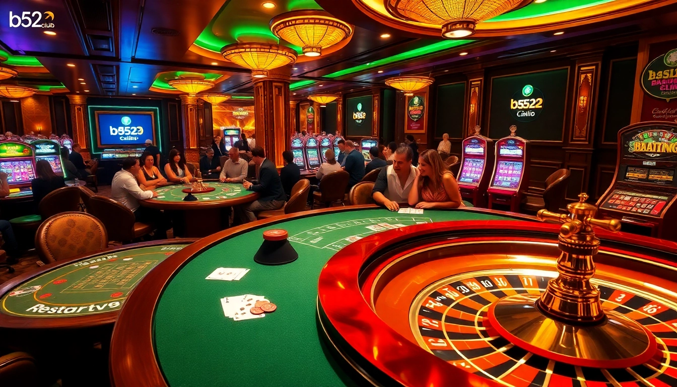 B52club offers an exciting gaming experience with lavish casino tables and lively players.
