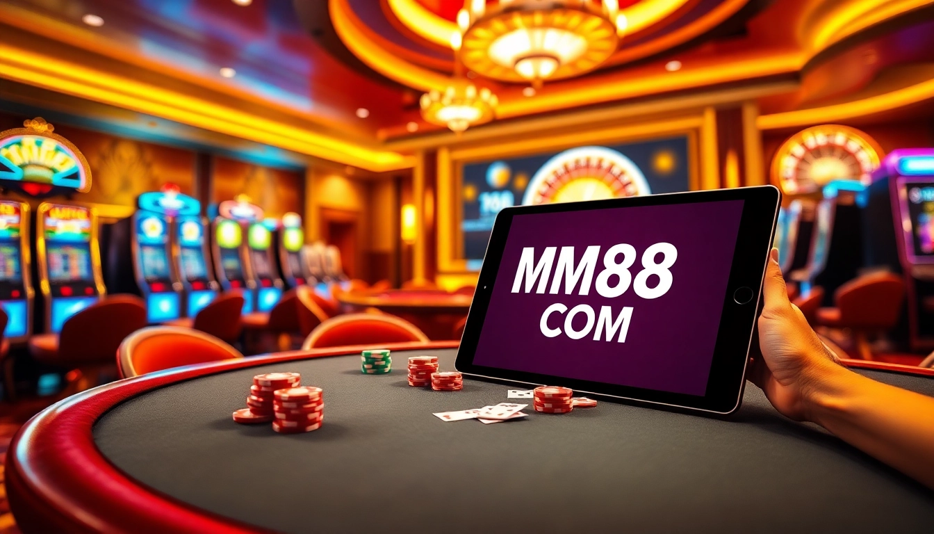 Experience thrilling gameplay at MM88 COM, featuring a vivid poker table with colorful chips and exciting slot machines.