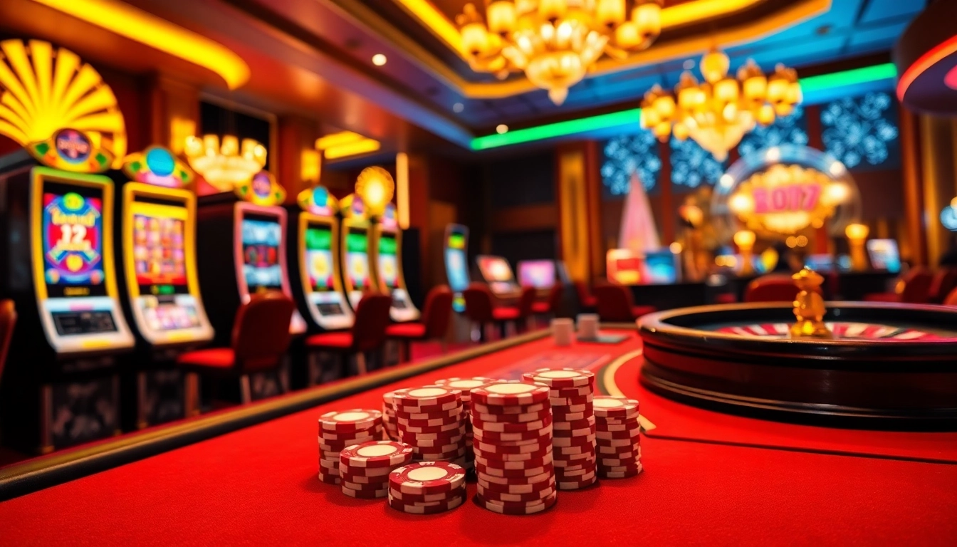 A high-stakes casino scene showcasing immersive gambling experiences at 168vn with poker tables and slot machines.