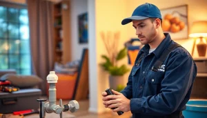 NYC emergency plumber & sewer fixing a burst pipe with professionalism and urgency in a residential setting.
